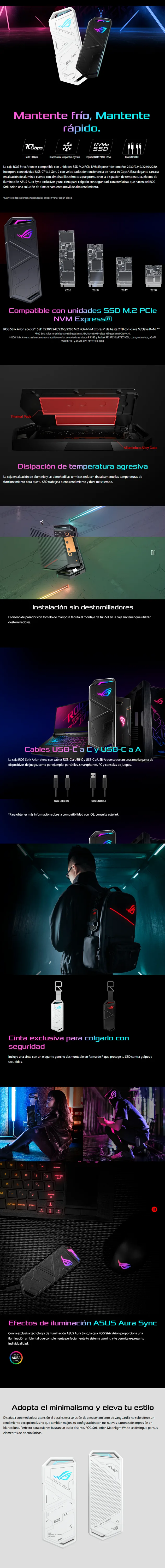 Descripción de Enclosure SSD M.2 NVMe ASUS ROG Strix Arion / USB 3.2 Gen 2 (10Gbps) / RGB Aura Sync / Blanco / ROG STRIX ARION/WHT/G/AS