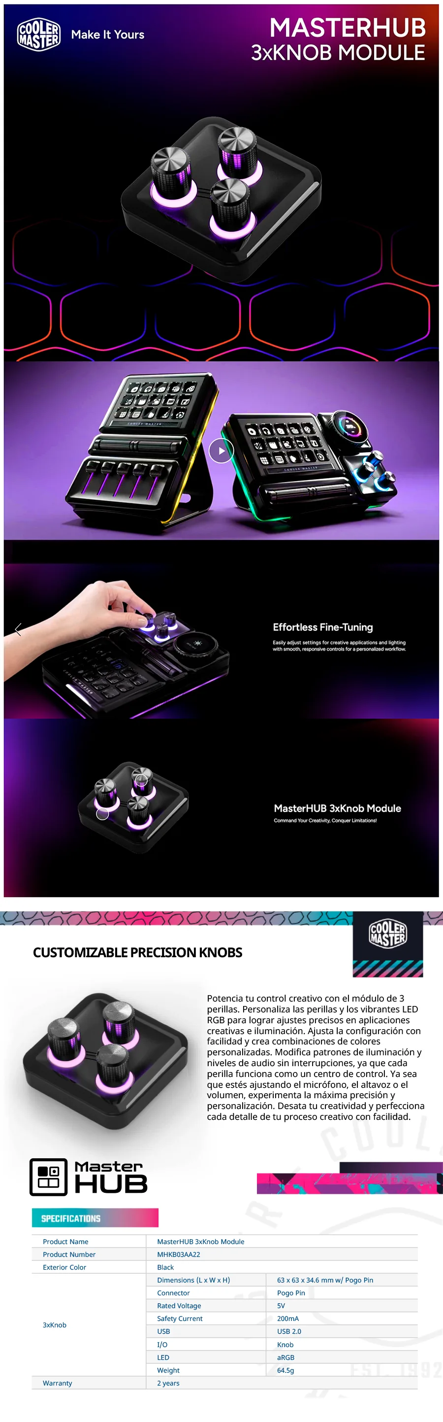 Descripción de Módulo Cooler Master MasterHUB 3XKNOB / Plataforma Modular Freeform 2.0 / 3 Perillas de Precisión / RGB / MHKB03AA22