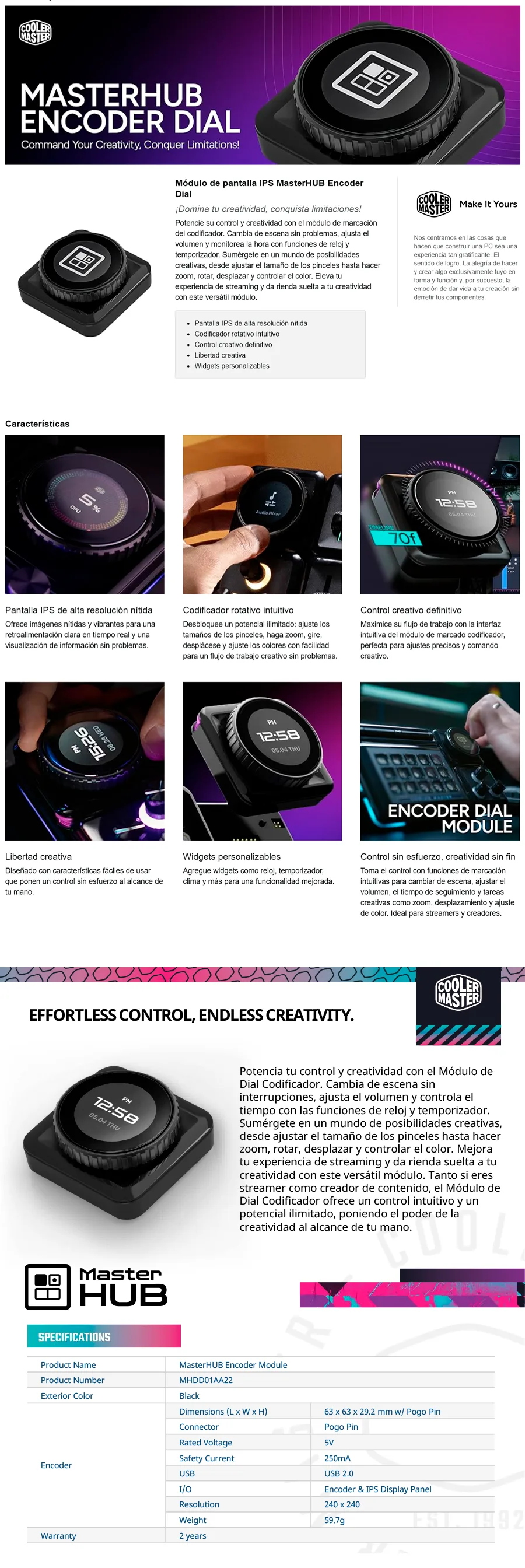 Descripción de Dial Encoder MasterHUB con pantalla IPS / Cooler Master MHDD01AA22 / Compatible con Teclado MasterHub / Negro / MHDD01AA22