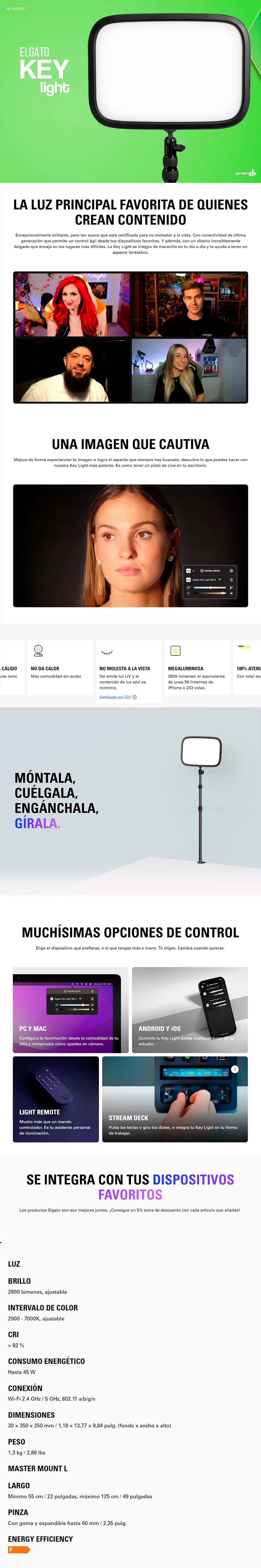 Descripción de Panel de Iluminación LED para Escritorio Elgato Key Light / Con Soporte / Negro / 10GAK9901
