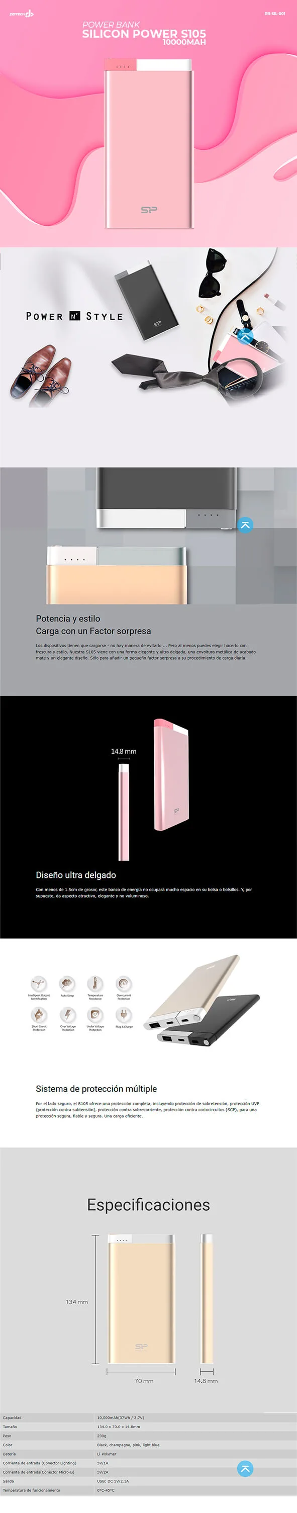 Descripción de Powerbank Silicon Power S105 / 10000mah / Pink / SP10KMAPBK105P0P