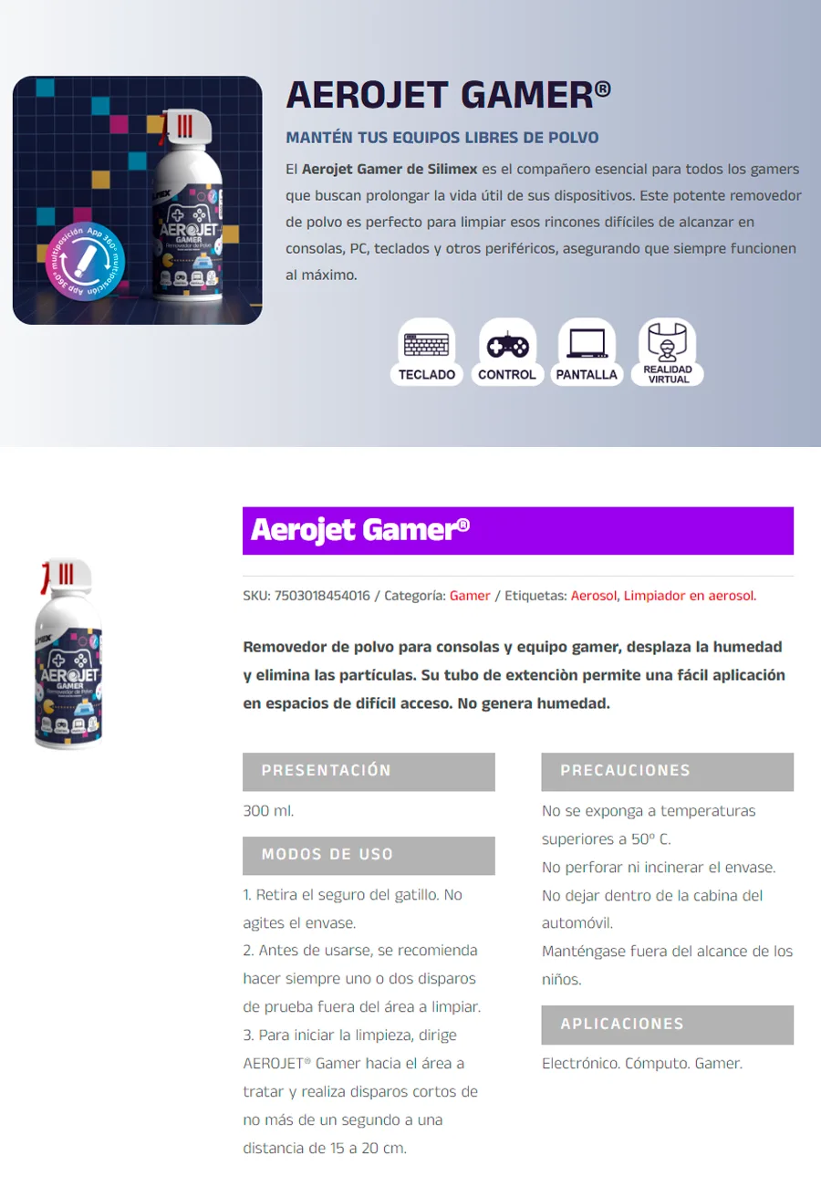 Descripción de Aire Comprimido Aerojet Gamer / Eficiente Removedor de Polvo Formulado Para Limpiar Equipos Electrónicos y de Cómputo / 300ML