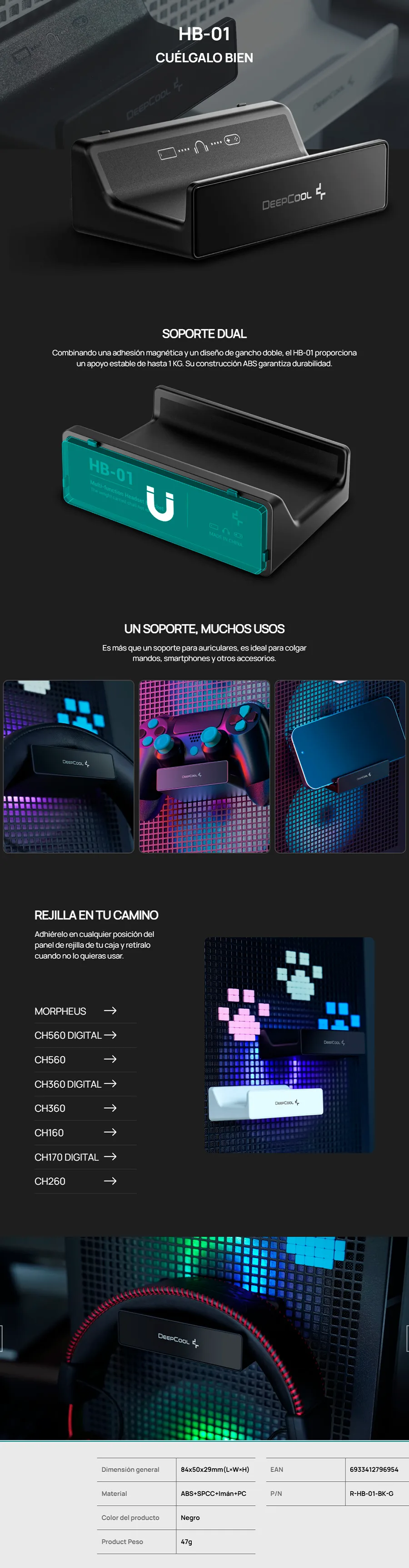 Descripción de Soporte Para Auriculares DEEPCOOL HB-01 / Negro / R-HB-01-BK-G