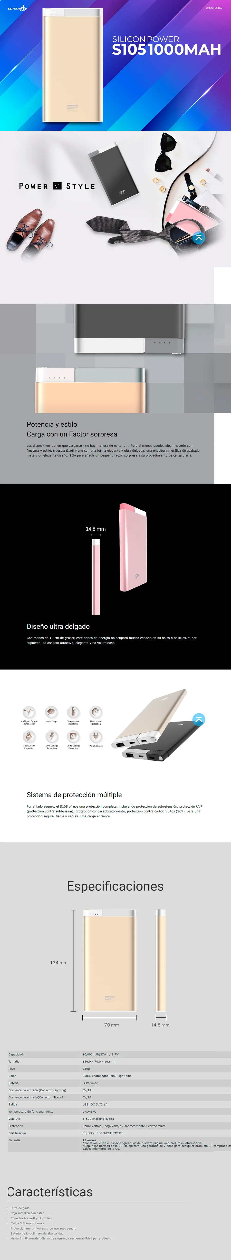 Descripción de Power Bank Silicon Power Power S105 / Champán / Polímero de litio 10000 mAh / Metal / SP10KMAPBK105P0C