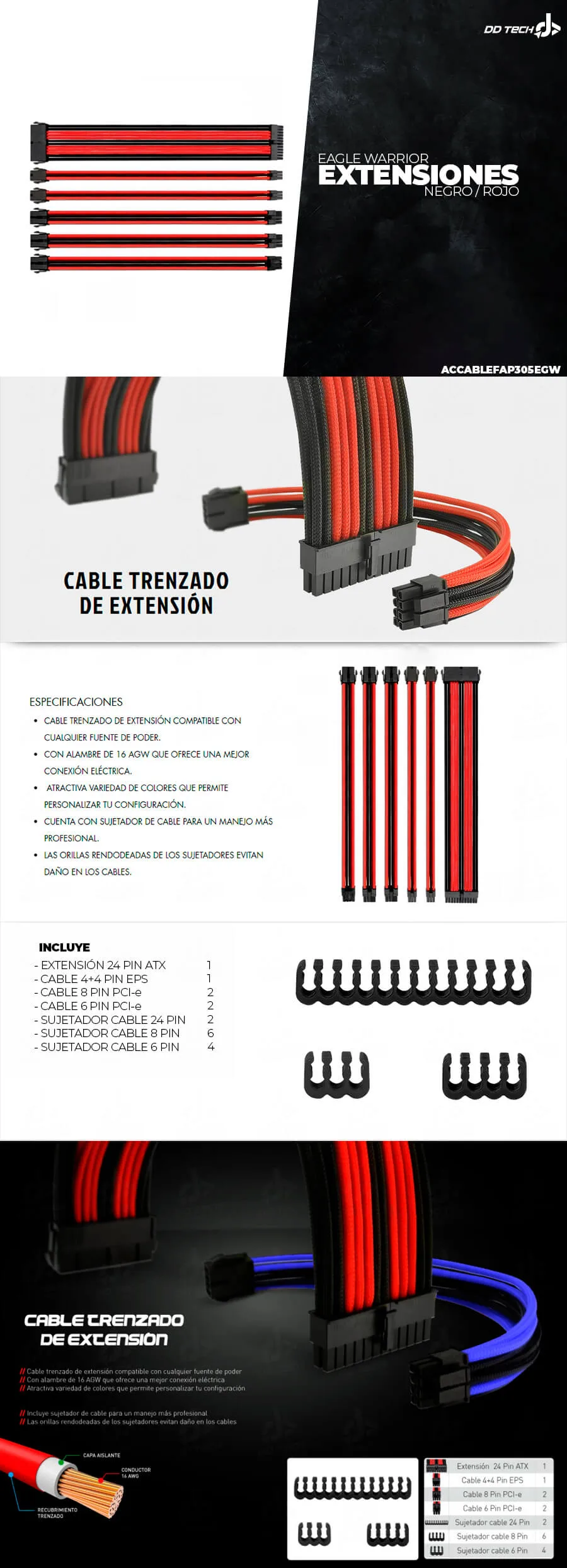 Descripción de Kit Eagle Warrior Completo de Extensiones para Fuente de Poder / Rojo-Negro / Sujetador de cable / ACCABLEFAP305EGW