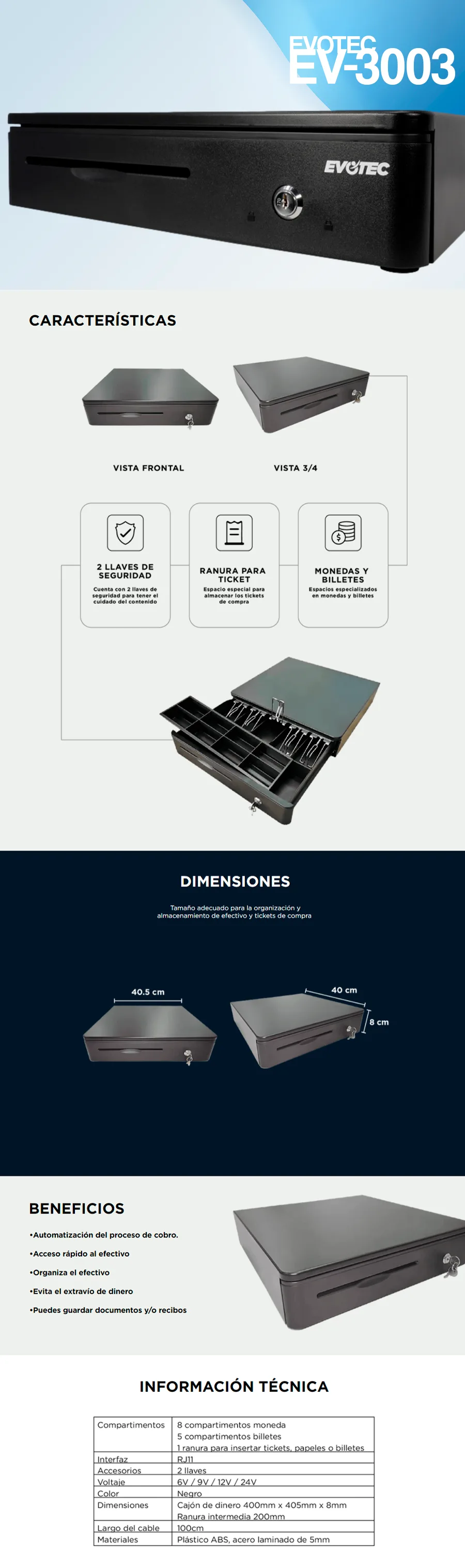 Descripción de Cajón de Dinero Evotec EV-3003 con Llave / 4.9kg / Negro / EV-3003