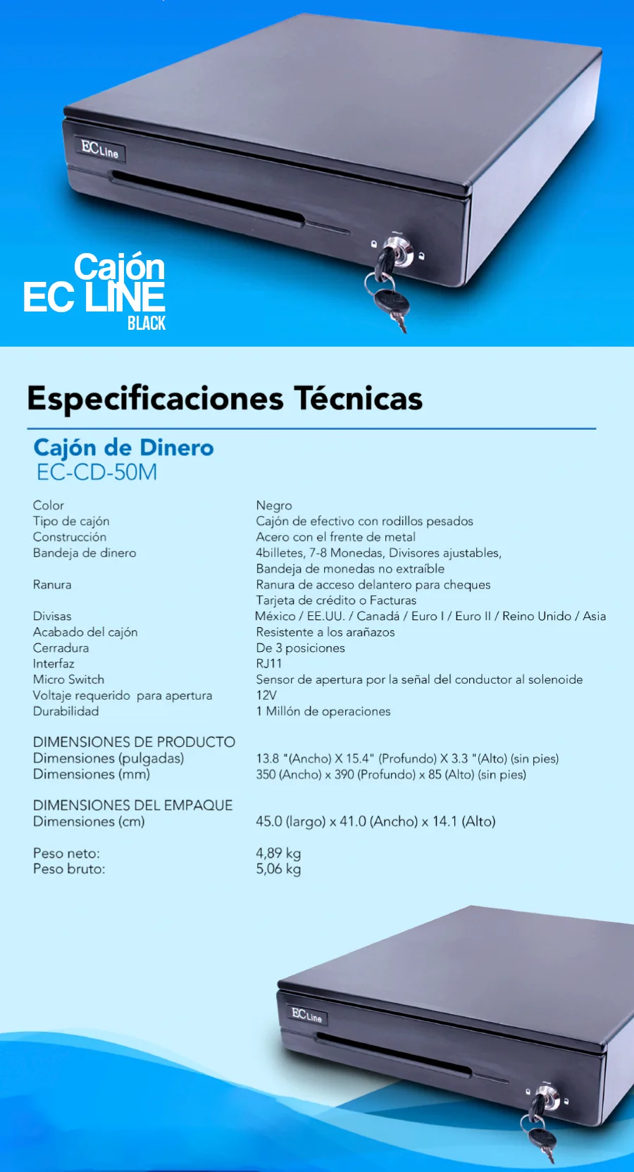 Descripción de Cajón de Dinero EC Line con Llave / 5kg / Negro / EC-CD-50M