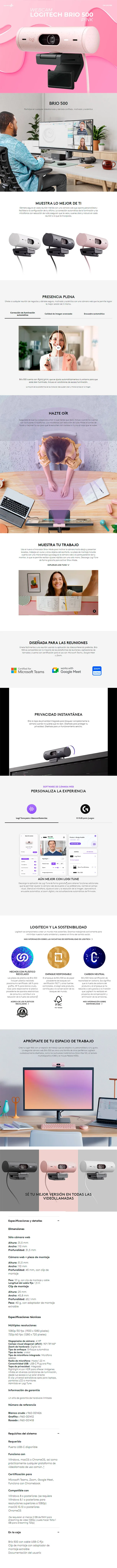Descripción de Webcam Logitech Brio 500 con Micrófono / 4MP / 1920 x 1080 Píxeles / USB-C / Rosa / 960-001418