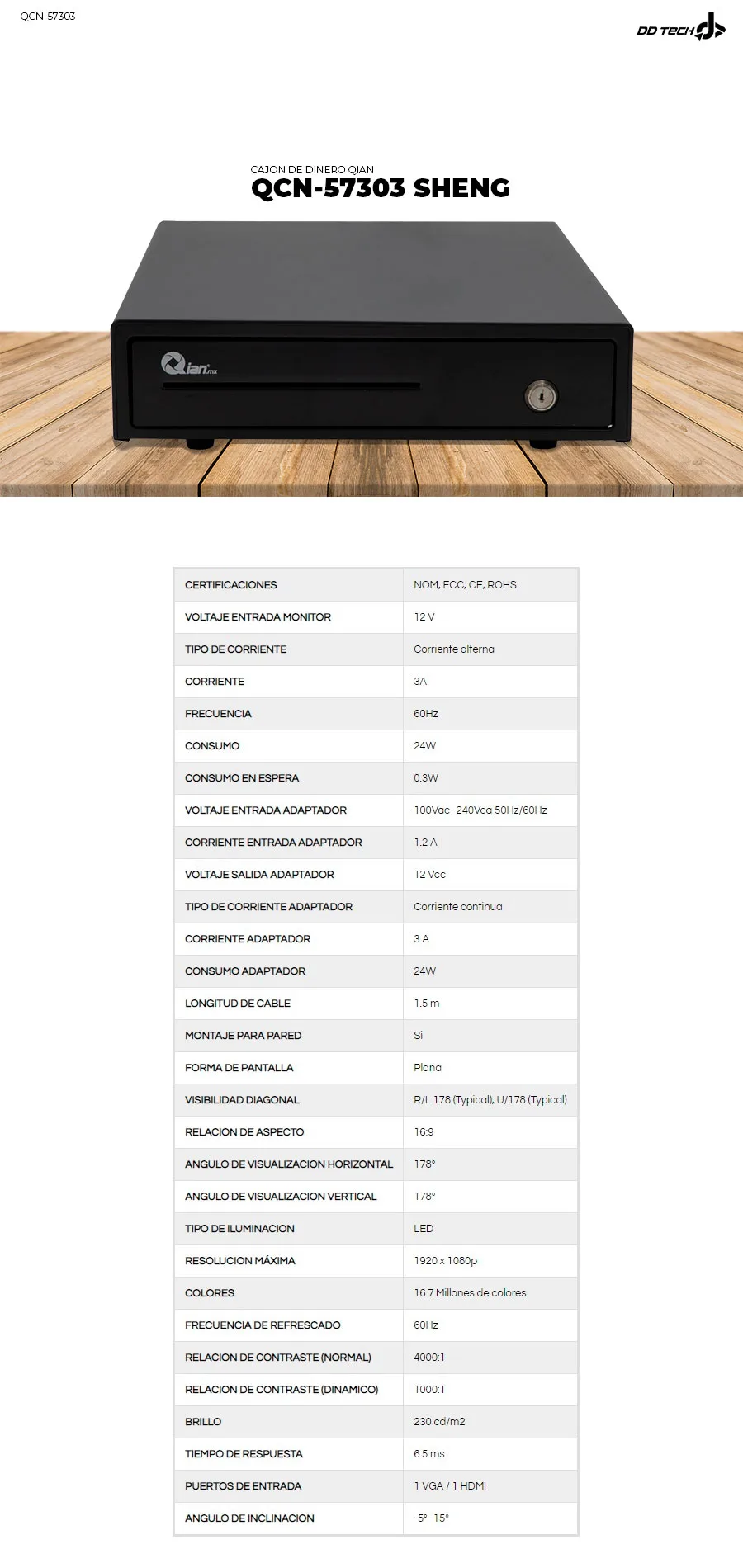 Descripción de Cajon de Dinero Qian Sheng QCN-57303 4 Billetes y 8 Monedas