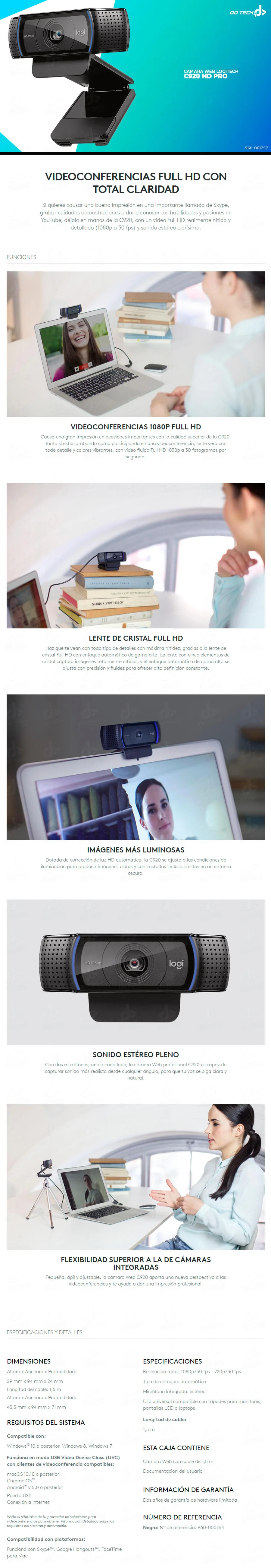 Descripción de Camara Web FHD Logitech C920S HD Pro / 960-001257