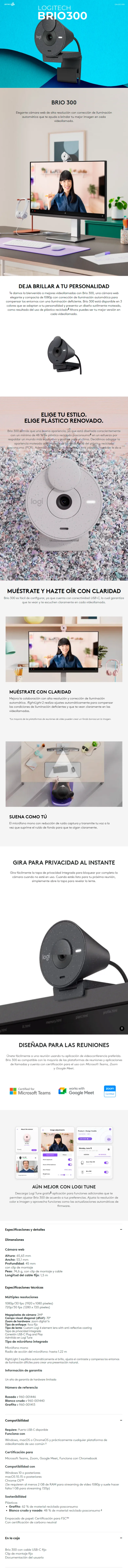 Descripción de Cámara Web Logitech Brio 300 / Grafito / 2MP / 1920x1080 Pixeles / USB-C / Grafito / 960-001413