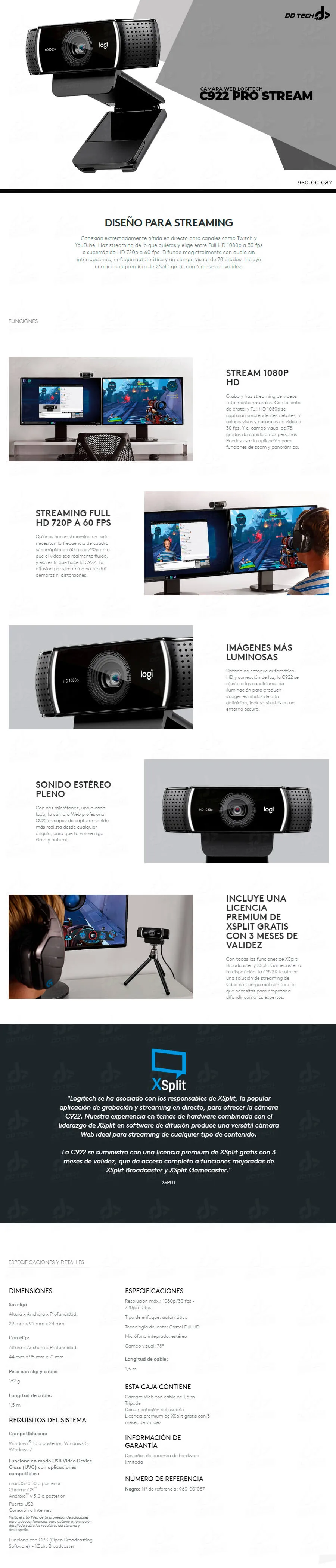 Descripción de Camara Web FHD Logitech C922 PRO Stream / 960-001087 /