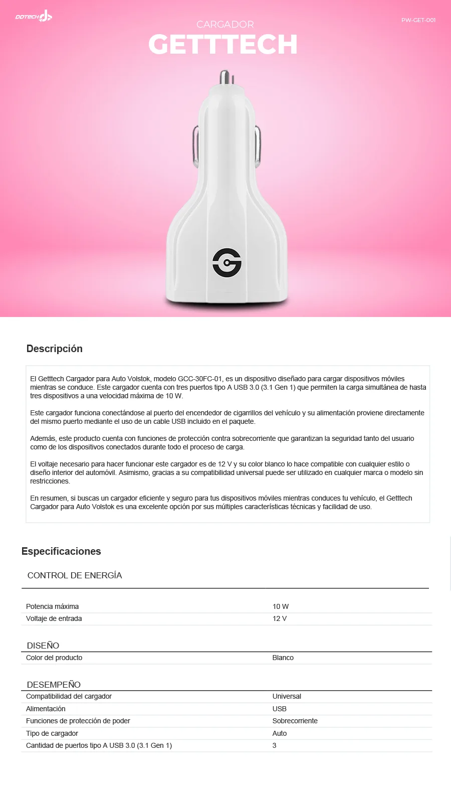 Descripción de Getttech Cargador para Auto Volstok / 3x USB 3.2 / Blanco / GCC-30FC-01