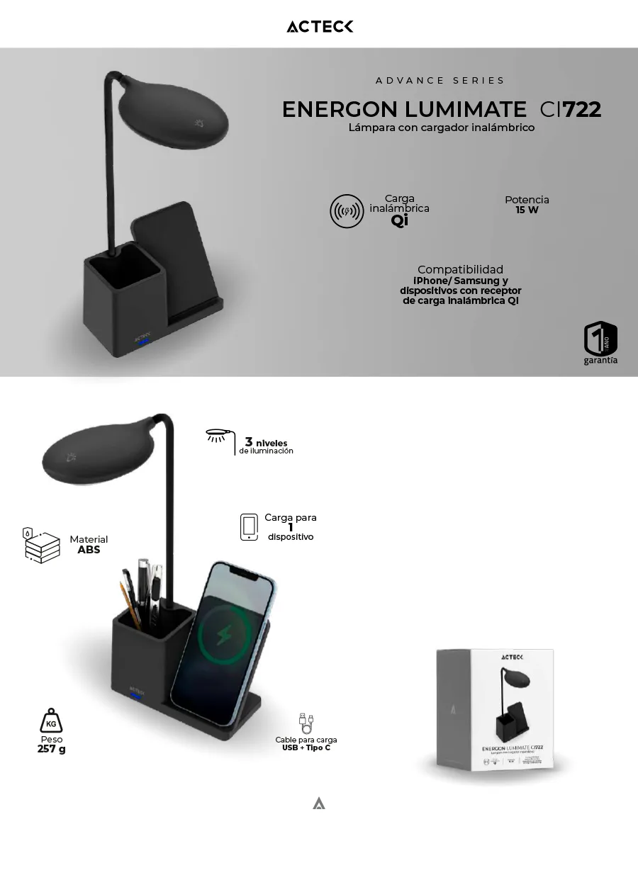 Descripción de Cargador Inalámbrico Acteck con Lámpara Energon Lumimate CI722 / 15W / 1xUSB-C / Negro / AC-937177