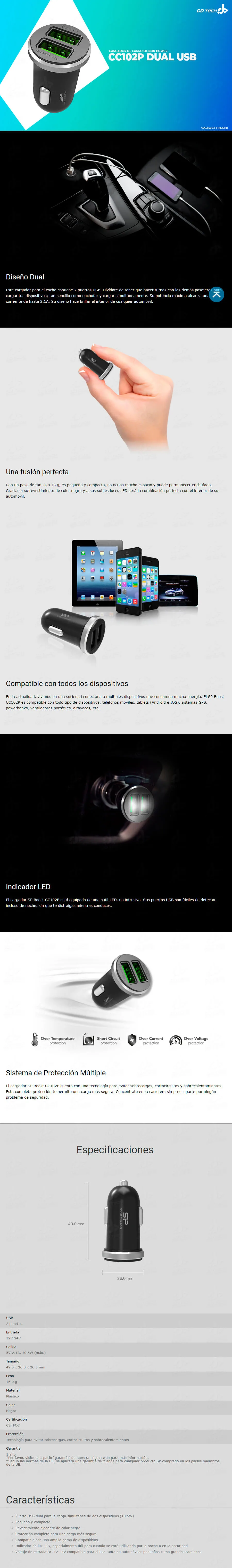 Descripción de Cargador para Auto Silicon Power Doble USB CC102P / SP2A1ASYCC102P0K