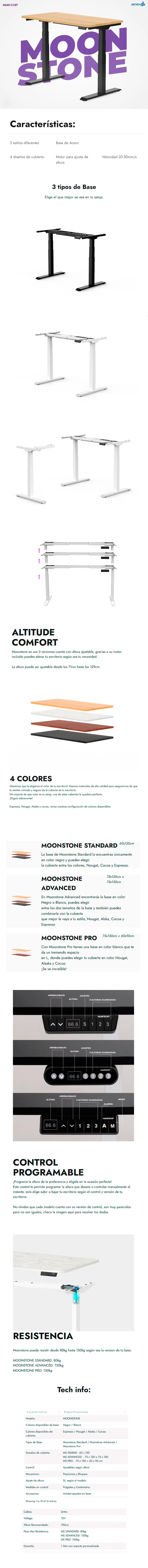 Descripción de Escritorio Eléctrico Gamer Munfrost MoonStone / Base Estándar / 60x120cm / Altura Ajustable / Nougat / MFMESC1B + MFC6121N 