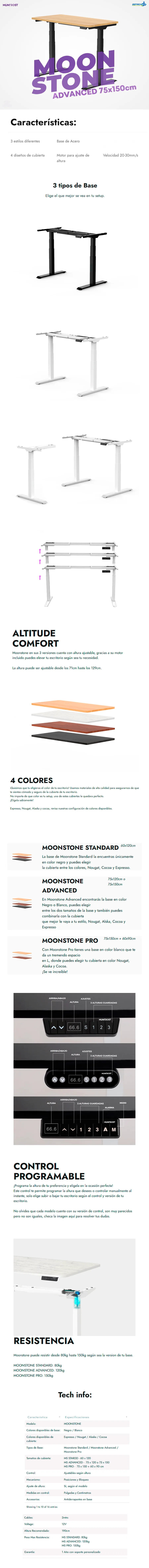 Descripción de Escritorio Eléctrico Gamer Munfrost MoonStone / Base Negra Advanced / 75x150cm / Altura Ajustable / Nougat / MFMESC2B + MFC7152N