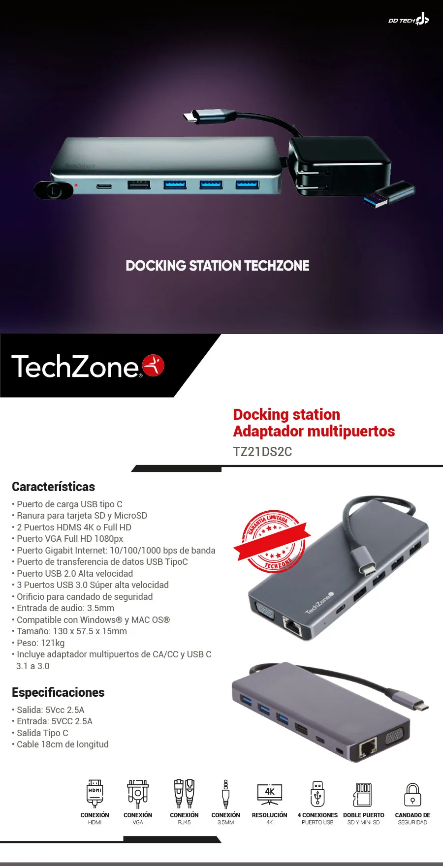 Descripción de Docking Station Techzone / Adaptador Multipuertos / USB 3.0 y 2.0 / Puerto LAN / VGA + HDMI / USB Tipo C / Plug 3.5mm / SD + Mini SD / TZ21DS2C