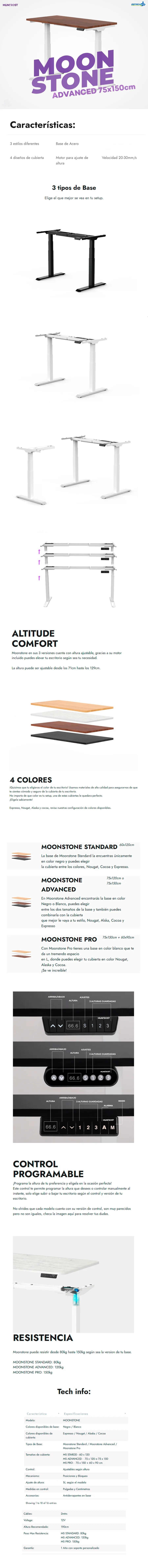 Descripción de Escritorio Eléctrico Gamer Munfrost MoonStone / Base Blanca Advanced / 75x150cm / Altura Ajustable / Cocoa / MFMESC2W + MFC7152C 