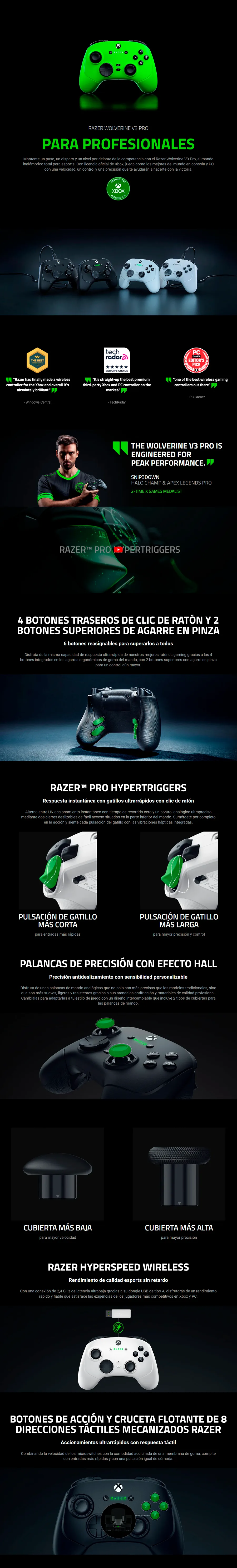 Descripción de Control Razer Wolverine V3 Pro / Inalámbrico / Licenciado para Xbox Series X|S, Xbox One, Windows PC / 6 Botones Remapeables / Blanco / RZ06-05200200-R3U1