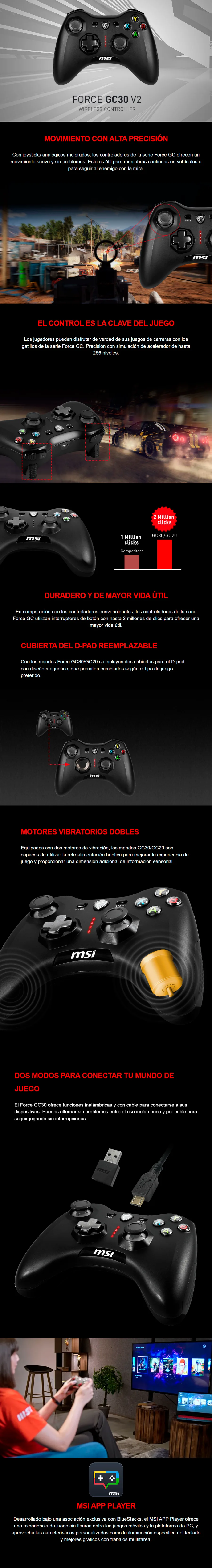 Descripción de Control MSI Force GC30 V2 / Inalámbrico / Motores Vibratorios Dobles / GC30 V2 BLACKControl MSI Force GC30 V2 / Inalámbrico / Motores Vibratorios Dobles / GC30 V2 BLACK