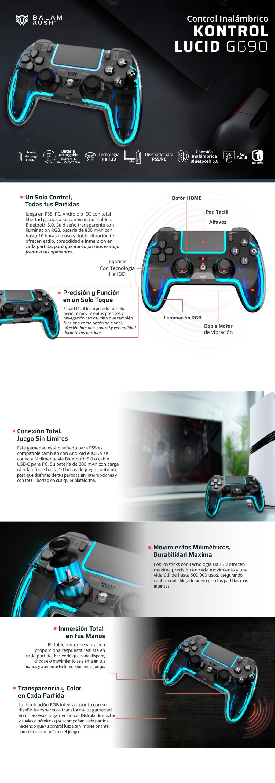 Descripción de Gamepad Balam Rush Lucid G690 / Inalámbrico / Bluetooth / Negro / BR-943581