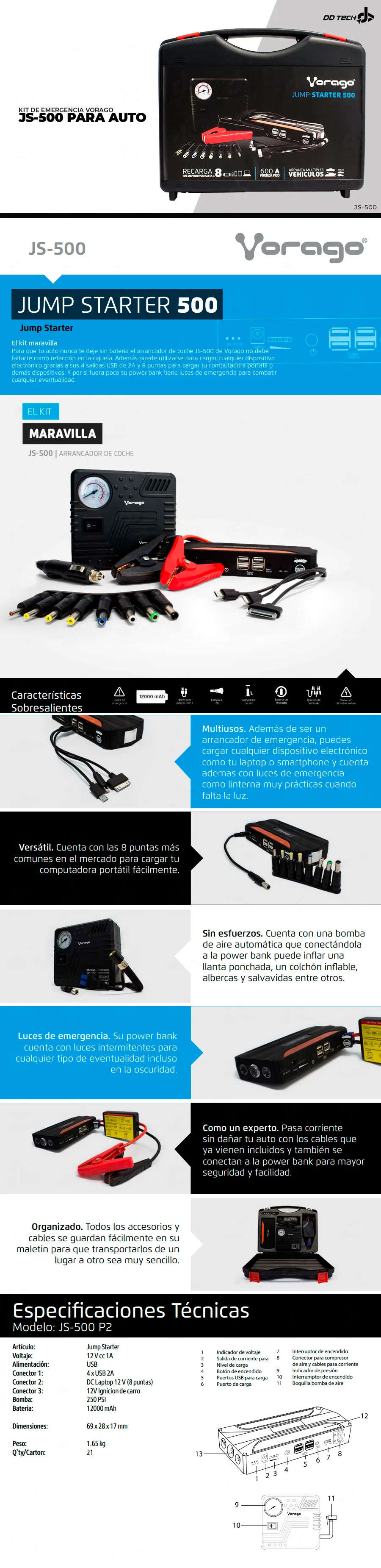 Descripción de Kit de Emergencia para Auto / Vorago JS-500 / Recarga Tus Dispositivos x8