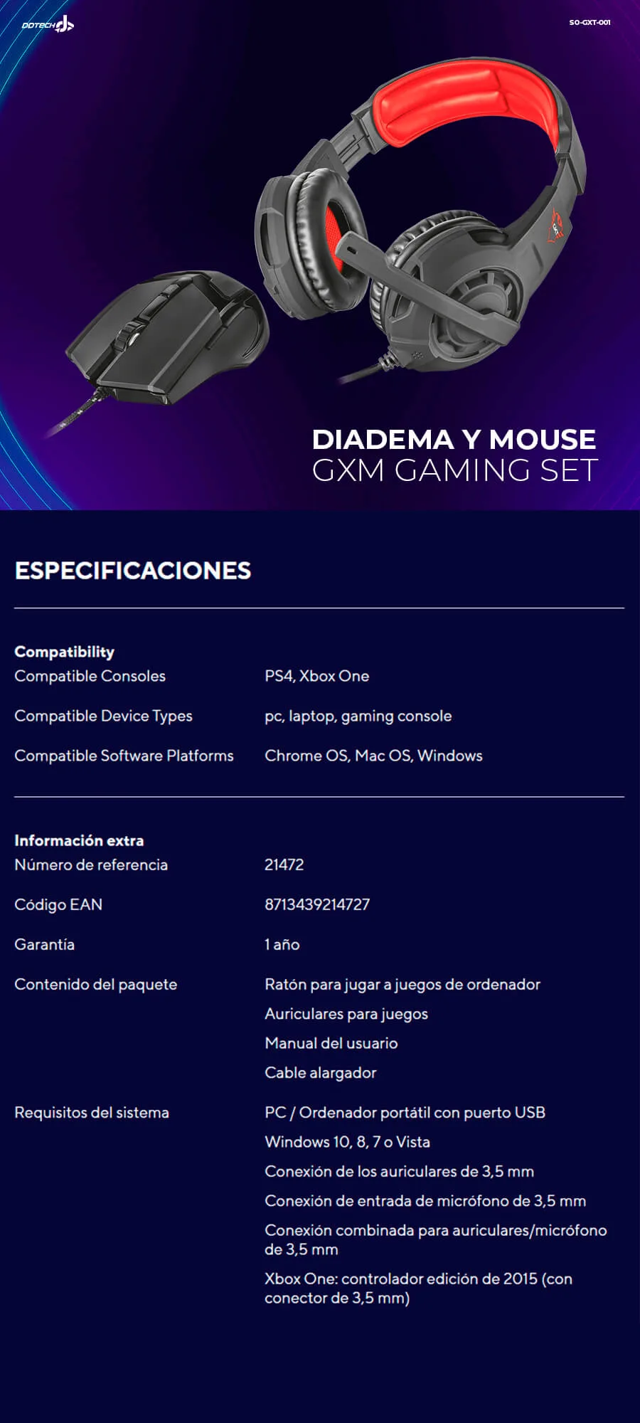 Descripción de Kit de Audífonos y Mouse Trust GXT Gaming 2 en 1 / Color Negro / 21472-02