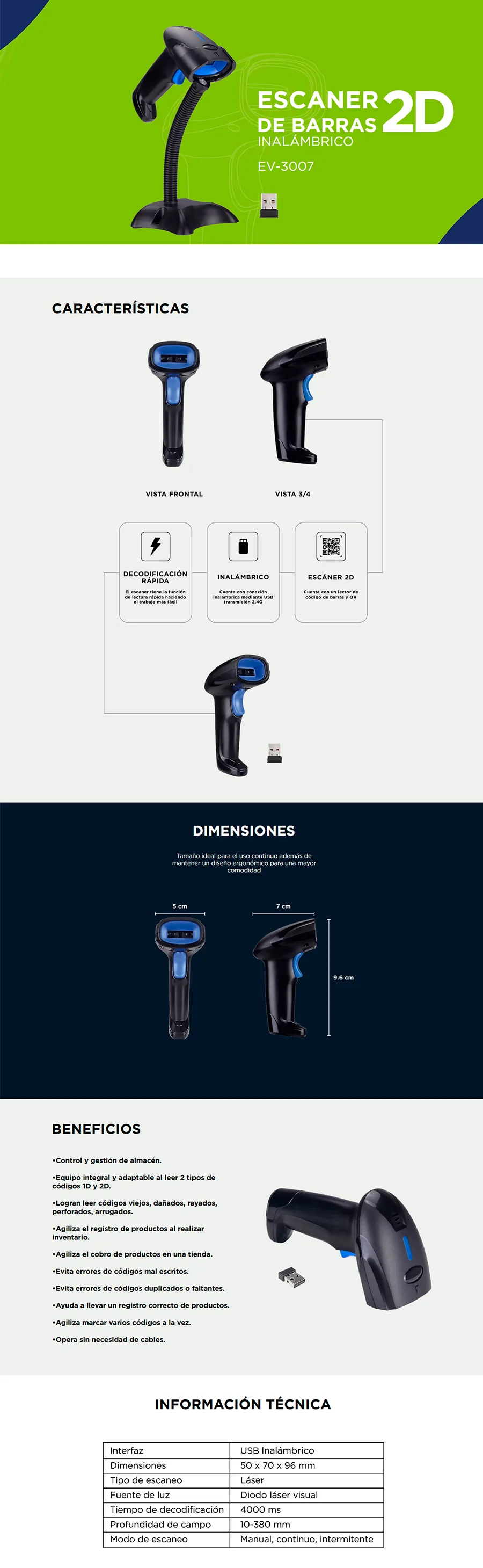 Descripción de Lector de Código de Barras 1D/2D ﻿Evotec EV-3007 / Incluye USB / EV-3007