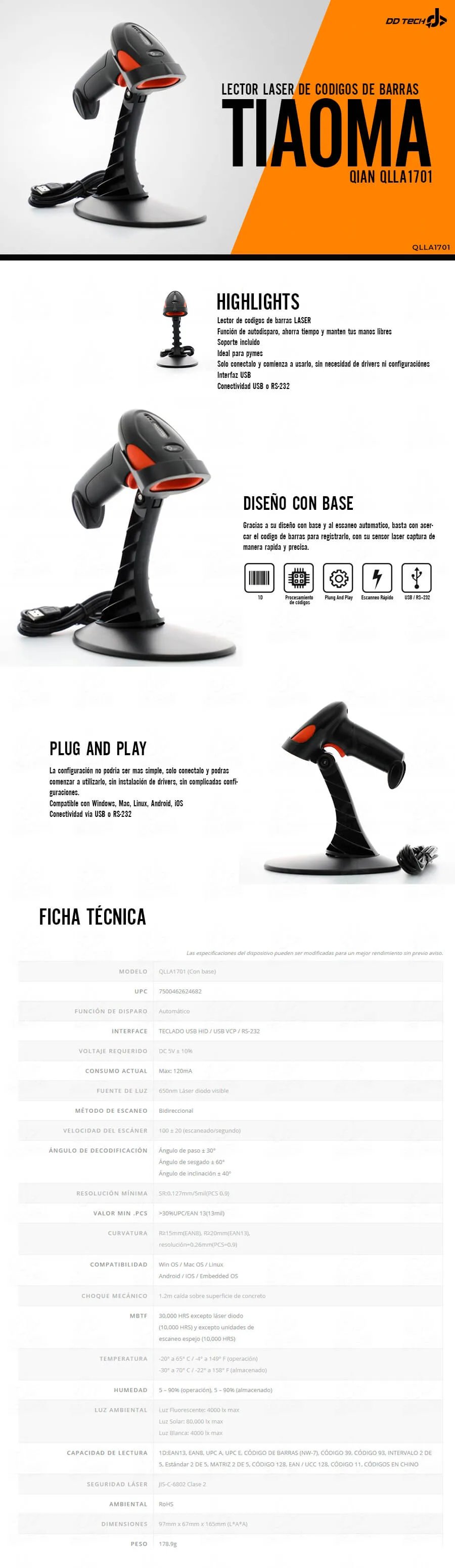 Descripción de Lector de Codigos de Barras Laser con base Qian Tiaoma QLLA1701 Bidireccional con autoescaneo USB / RS-232