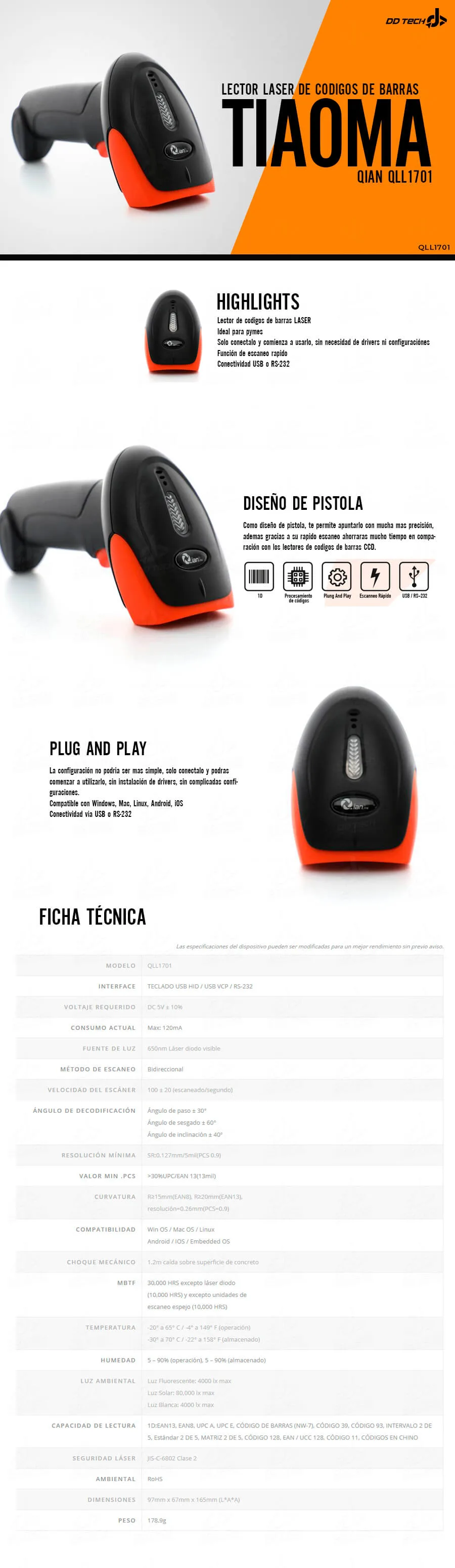 Descripción de Lector de Codigos de Barras Laser Qian Tiaoma QLL1701 Bidireccional USB / RS-232 