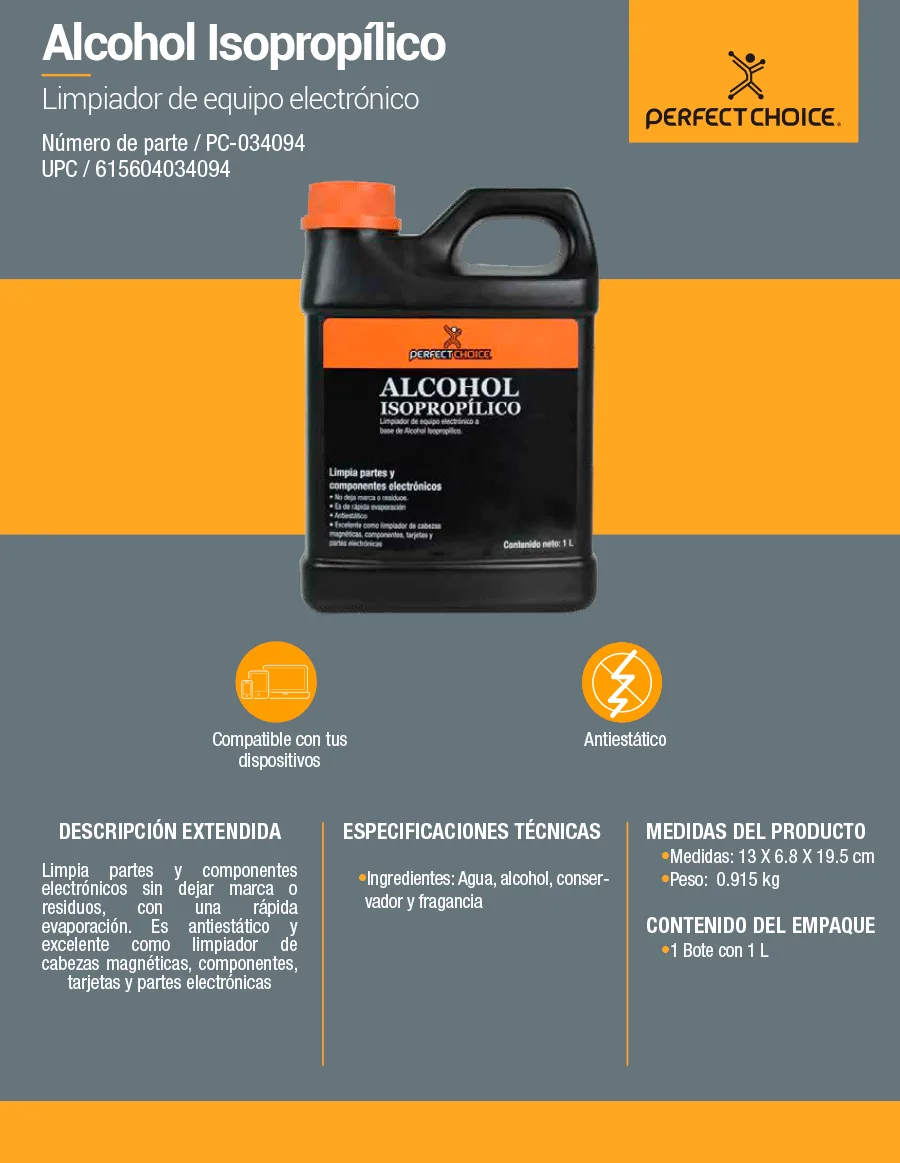 Descripción de Alcohol Isopropílico para Limpieza Perfect Choice 1L / Antiestático / Evaporación Rápida / Para Electrónica y Componentes / PC-034094