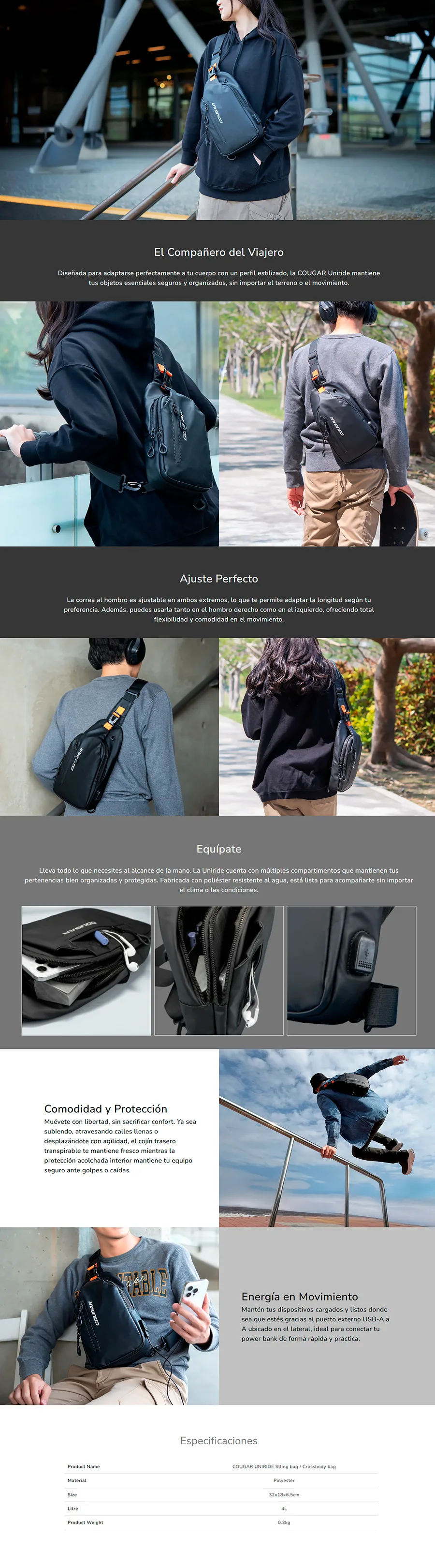 Descripción de Mochila Cougar Uniride Sling / Crossbody / Negro / CGR-UNIRIDE