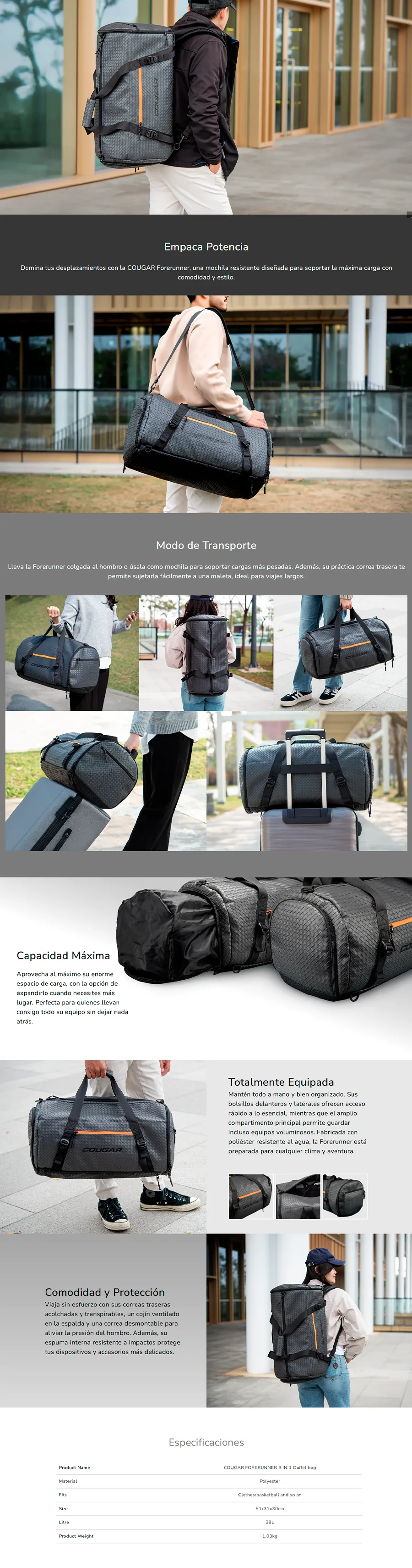 Descripción de Bolsa de Viaje 3en1 COUGAR Forerunner / Con Asas Ajustables / CGR-FORERUNNER
