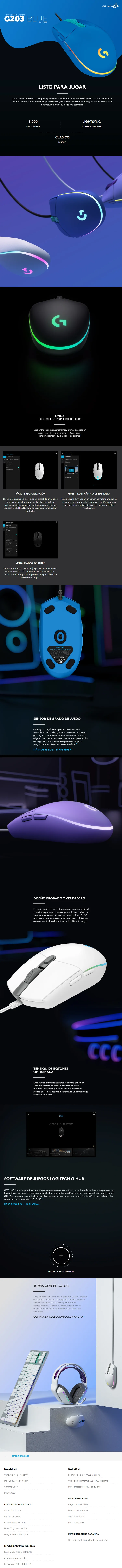Descripción de Mouse Gamer Logitech G203 Lightsync Blue / Optico / USB / 8000DPI / Led RGB/ 910-005795