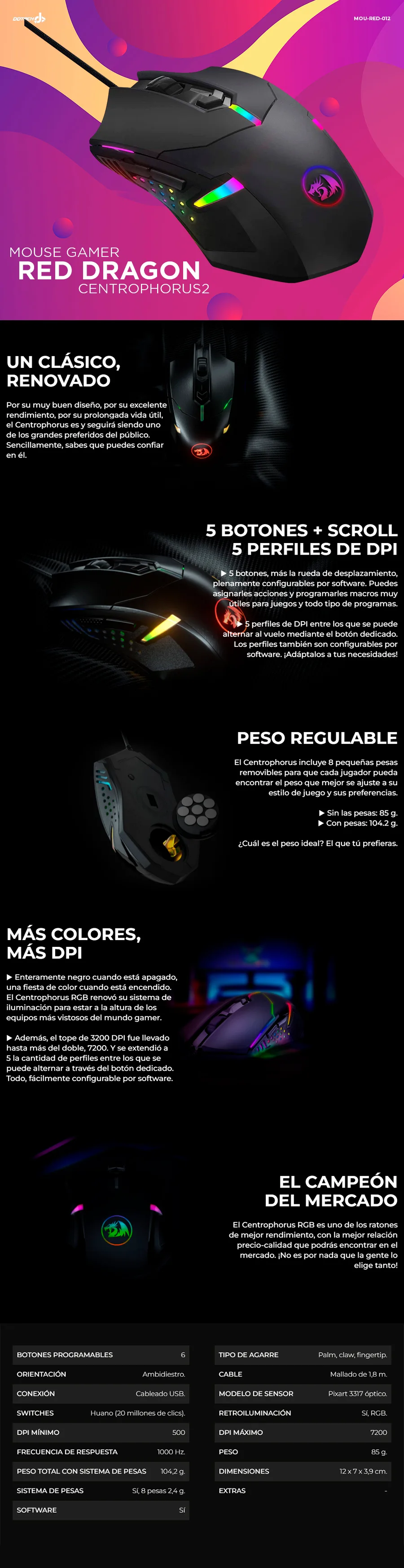 Descripción de Mouse Gamer Redragon Centrophorus M601 RGB / Alámbrico / Ergonómico de 6 botones programable / Ajuste de peso / 800-7200 DPI / Negro / M601-RGB V1
