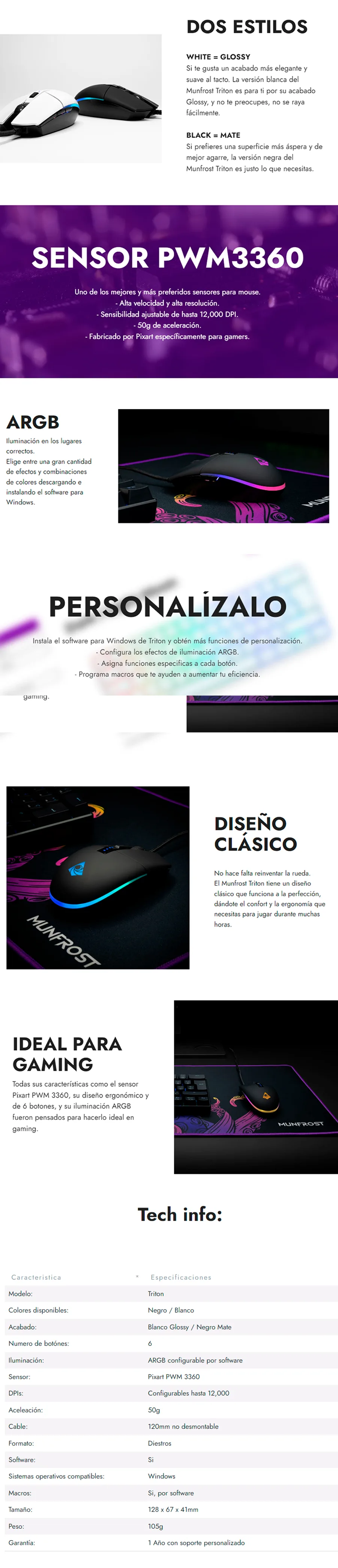 Descripción de Mouse Gamer Munfrost Triton White Glossy / Óptico / USB / Sensor Pixart PWM 3360 / Iluminación ARGB / Hasta 12,000 DPIs / 6 botones / MOU-MUN-002
