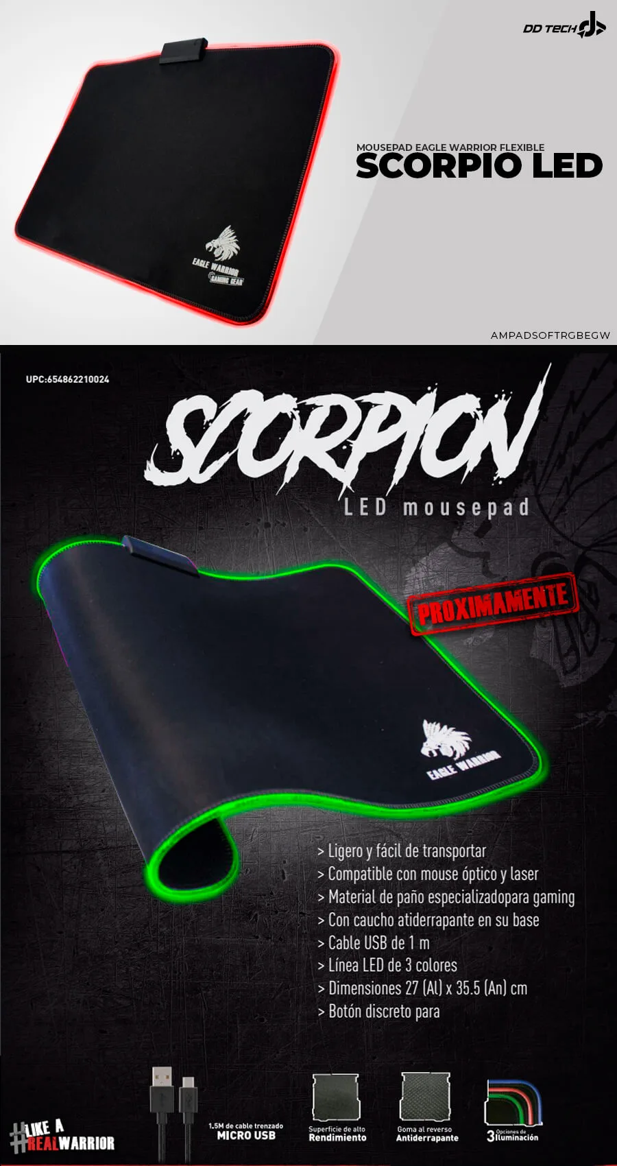 Descripción de Mousepad Gamer Eagle Warrior Scorpion LED / AMPADSOFTRGBEGW