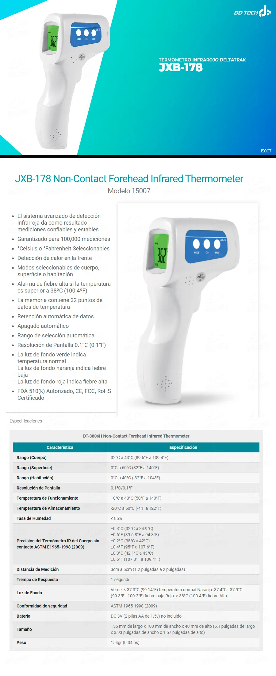 Descripción de Termometro Infrarojo Deltatrak JXB-178 / Grados Celsius o Fahrenheit / 15007