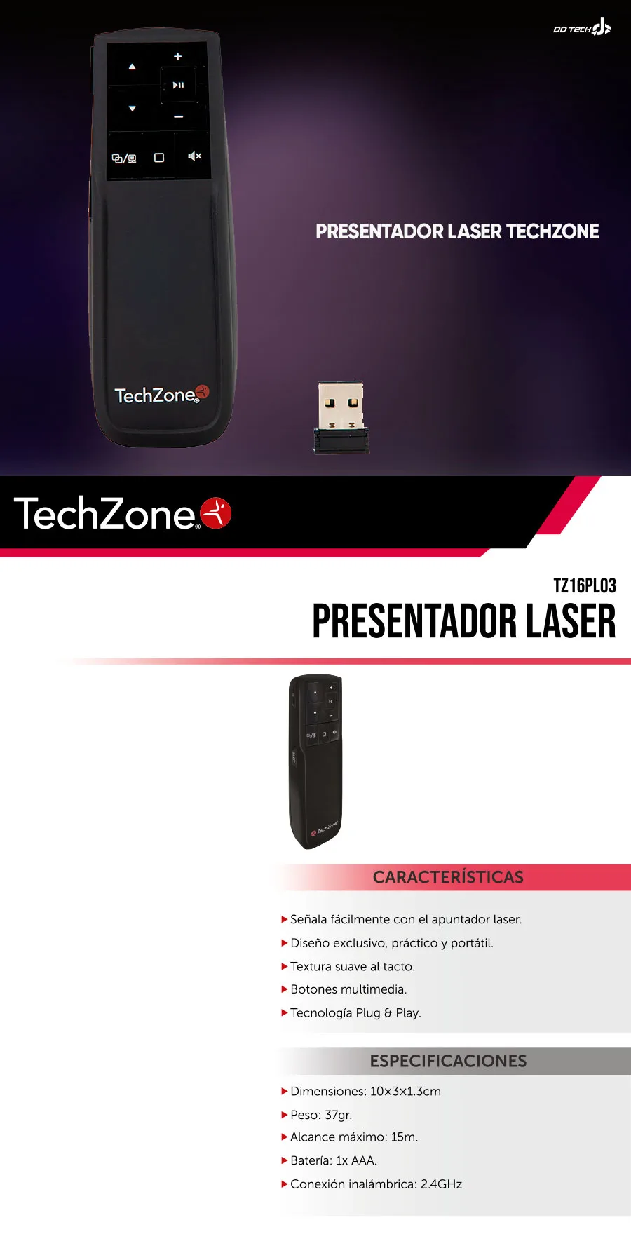 Descripción de Presentador Inalambrico Laser 15M Techzone / TZ16PL03