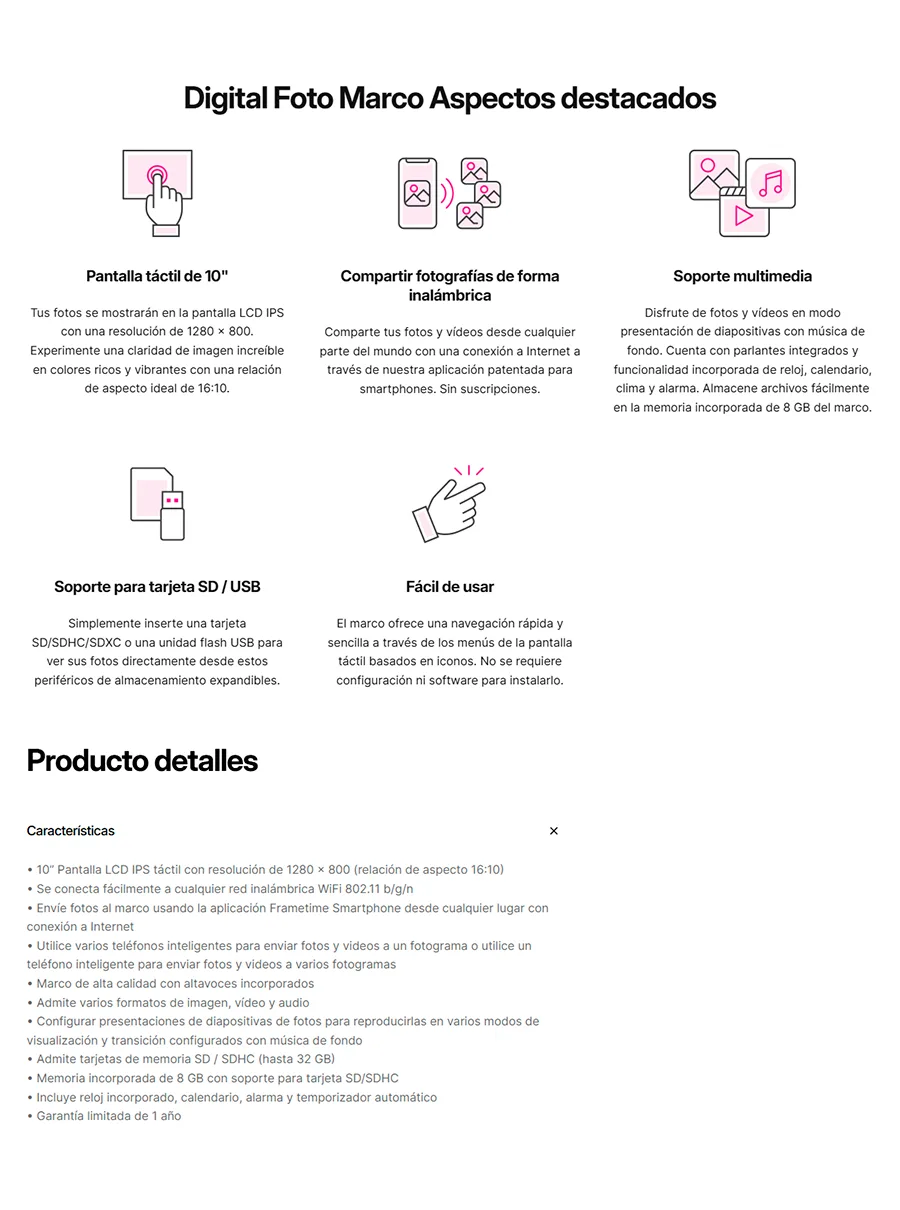 Descripción de Marco de Fotos Digital Aluratek / Con Visualización Táctil WiFi de 10 Pulgadas / Con Memoria Interna de 8 GB / ASHDPWM10S