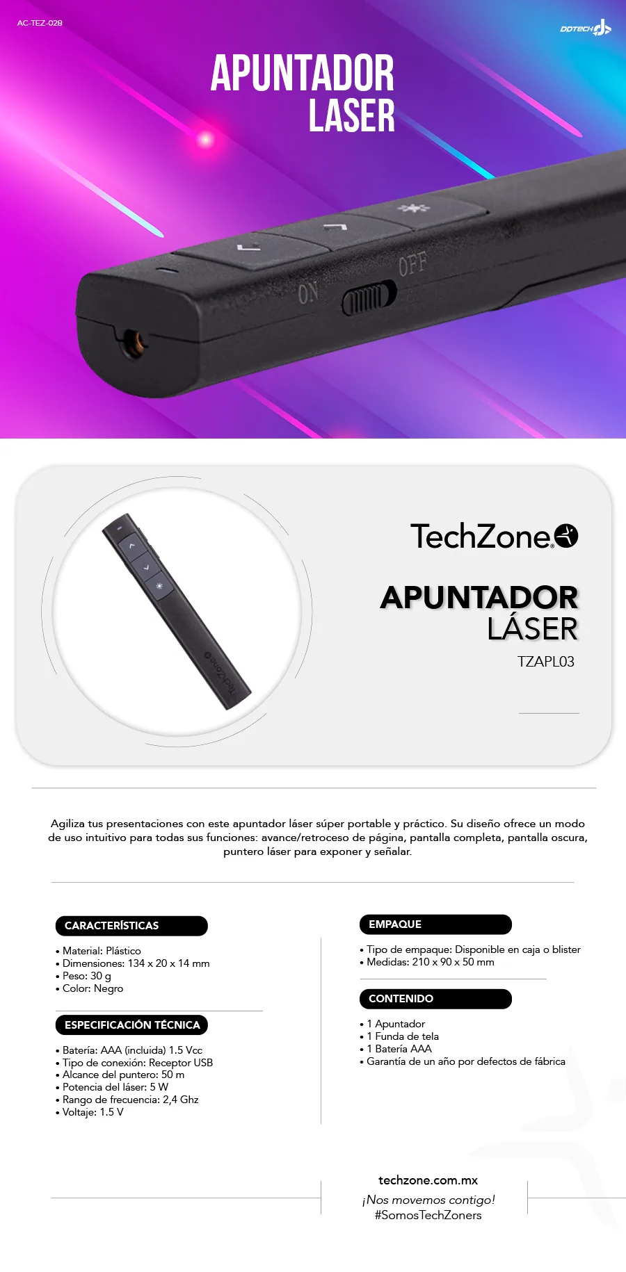 Descripción de Presentador Láser Techzone TZAPL03 / USB / Negro / TZAPL03