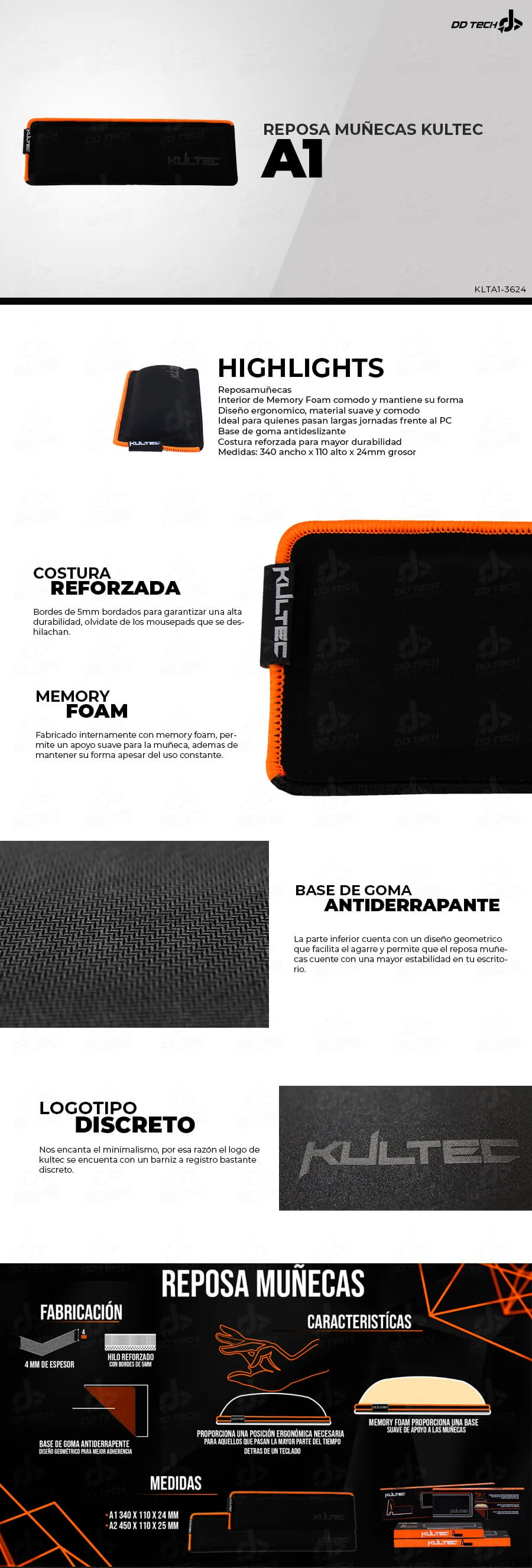Descripción de Reposamuñecas Kultec A1 Mediano / Memory Foam / Bordado / Anti derrape / KLTA1-3624 / 110 X 340 X 25mm