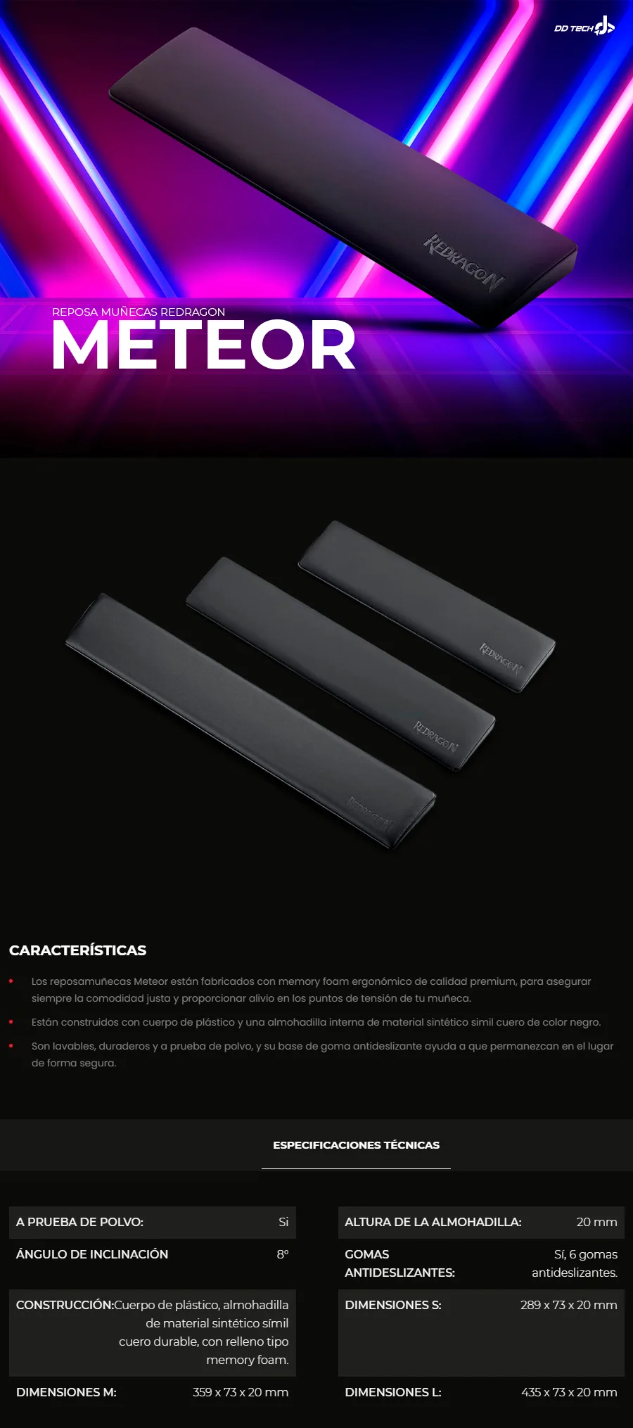 Descripción de Reposamuñecas Redragon Meteor Grande / Memory Foam / Cuero Durable / Anti derrape / 435 X 73 X 20mm / Solo web