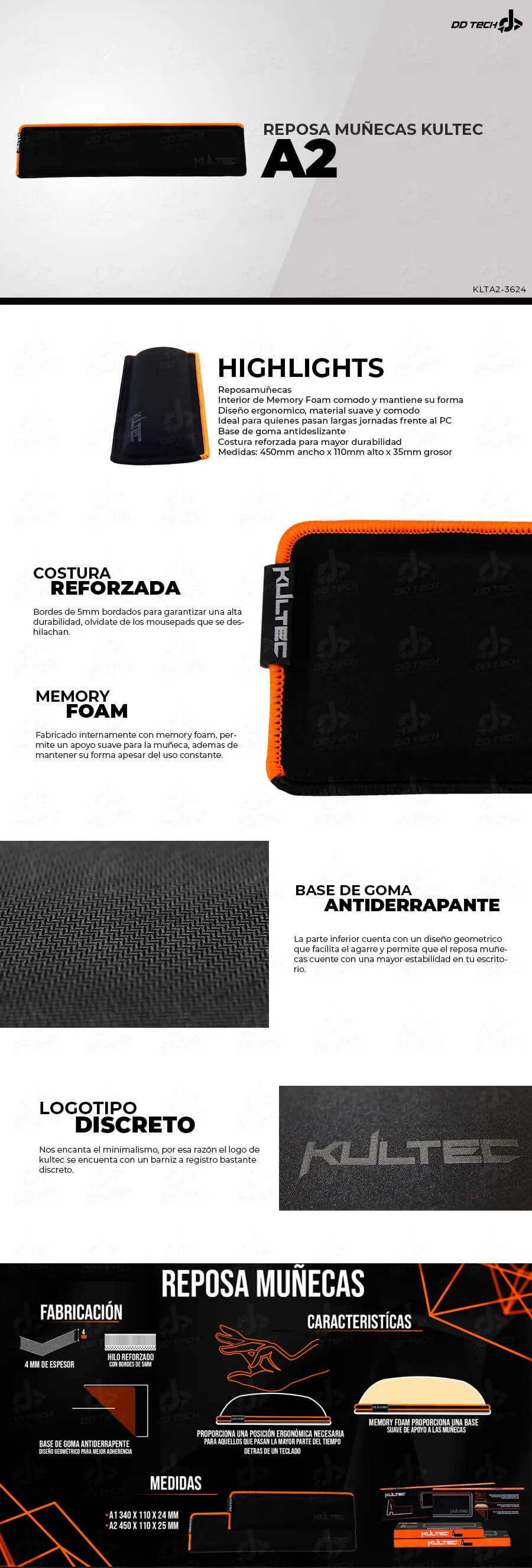 Descripción de Reposamuñecas Kultec A2 Grande / Memory Foam / Bordado / Anti derrape / KLTA2-3624 / 110 X 450 X 25