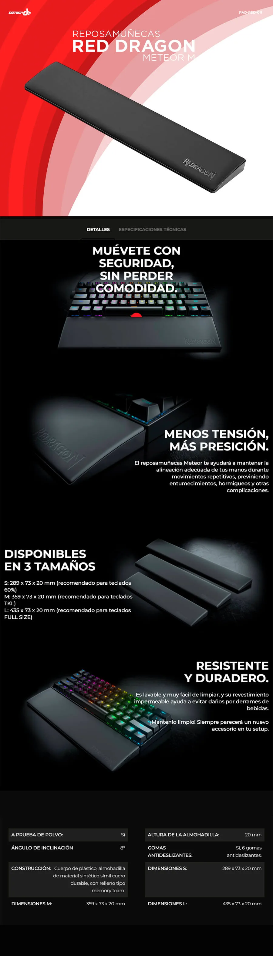 Descripción de Reposamuñecas para teclado Redragon P036 Meteor M / Ergonómico y suave / Espuma viscoelástica con base de goma antideslizante / 80% 87 teclas / Color negro / P036 / Solo Web