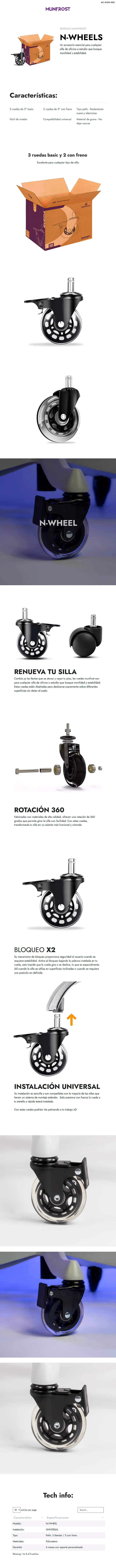 Descripción de Ruedas Munfrost N/WHEELS / Universales / 5 Piezas / 3 Standar / 2 con freno / Rodamiento suave y silencioso / Tipo patín /