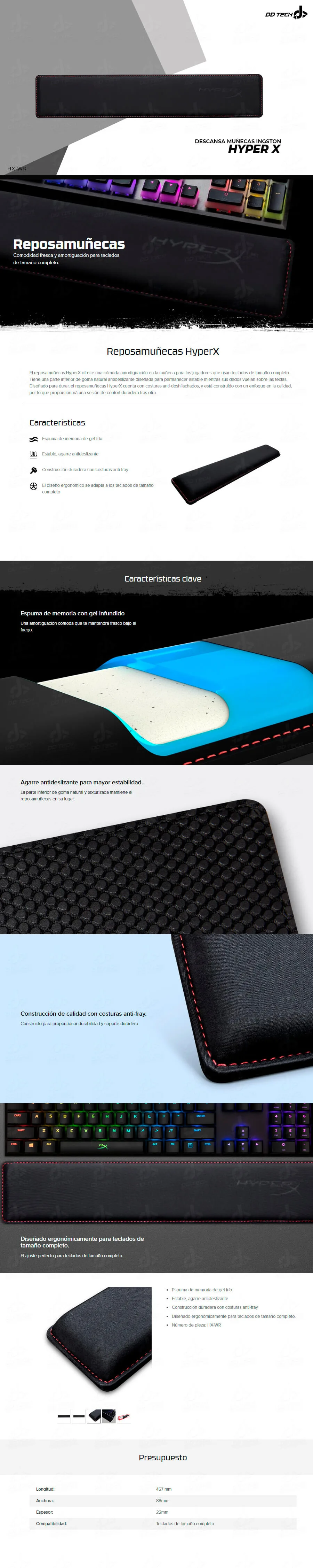 Descripción de Reposamuñecas HyperX  Grande / Memory Foam / Bordado / Anti derrape / HX-WR / 457 X 88 X 22mm