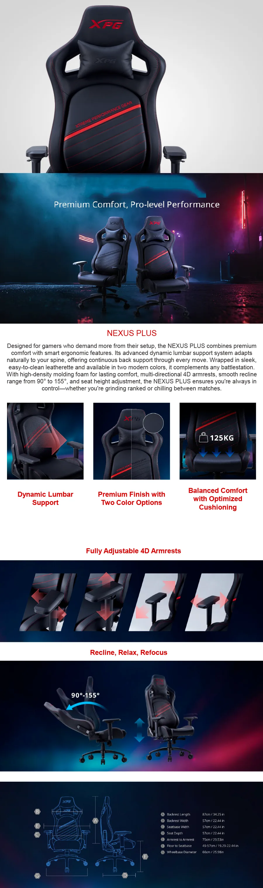 Descripción de Silla Gamer ADATA XPG NEXUS PLUS / Hasta 125kg / Negro/Rojo / NEXUS PLUS-RDCWW/