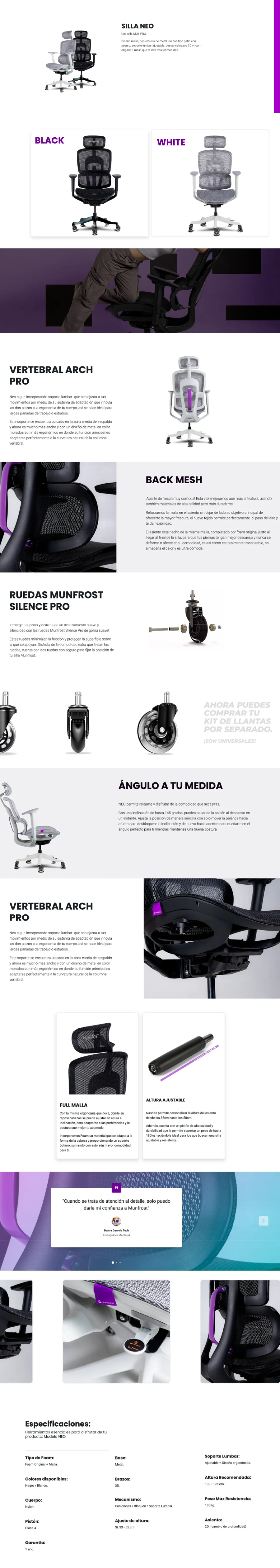 Descripción de Silla Gamer Munfrost NEO / Color Blanco / Inclinación de hasta 145 Grados / Con Soporte Lumbar / Hasta 180kg / Foam Original + Malla /
